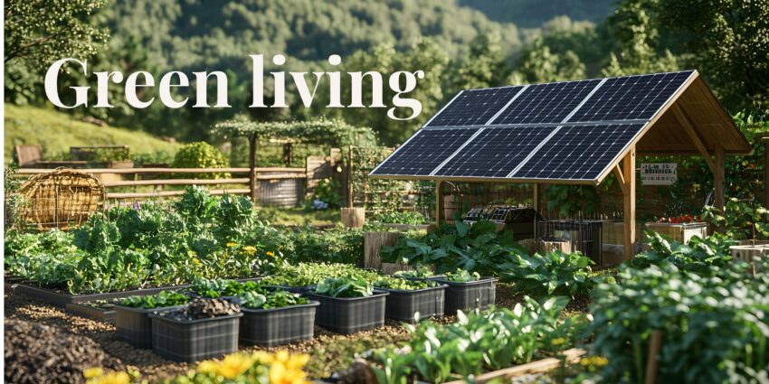 Green Living: vegetable garden with solar panels on the roof of the shed.